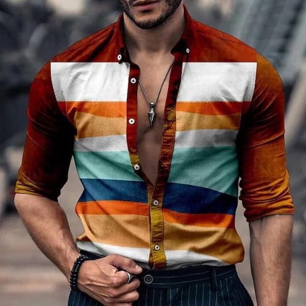 Men's Retro Casual Rainbow Stripe Print Shirt 22970819TO