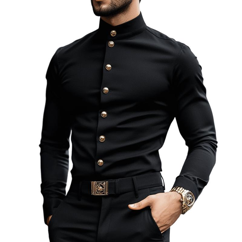 Men's Retro Casual Solid Color Stand Collar Long Sleeve Shirt 14845455TO