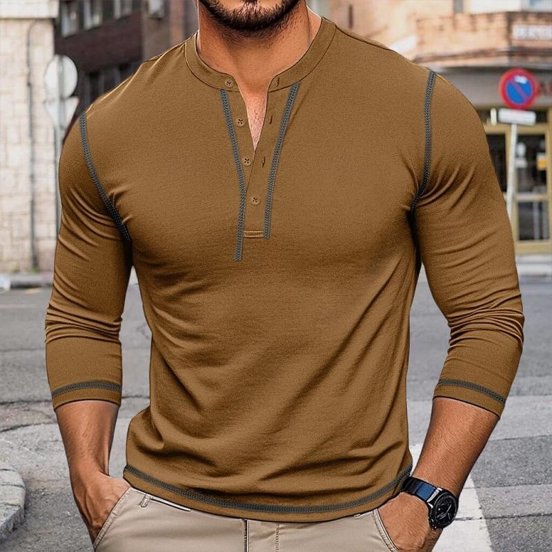 Men's Retro Contrast Color Button Crew Neck Slim FitLong Sleeve T-Shirt 01368832Y