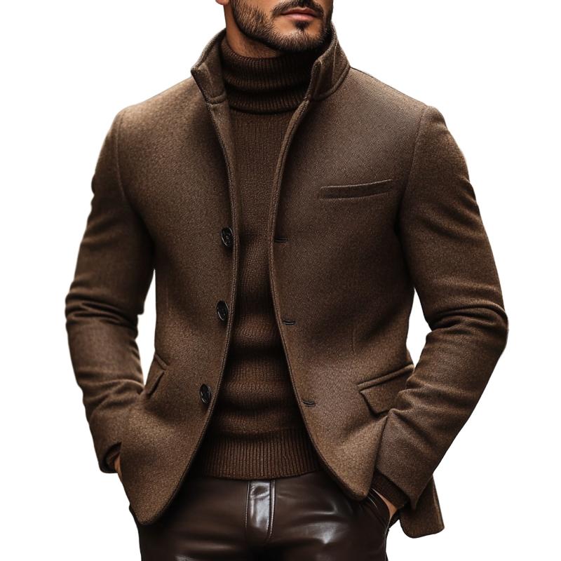 Schmaler Blazer aus Wollmischung mit Stehkragen und einreihigem Vintage-Stil für Herren, 70290625M