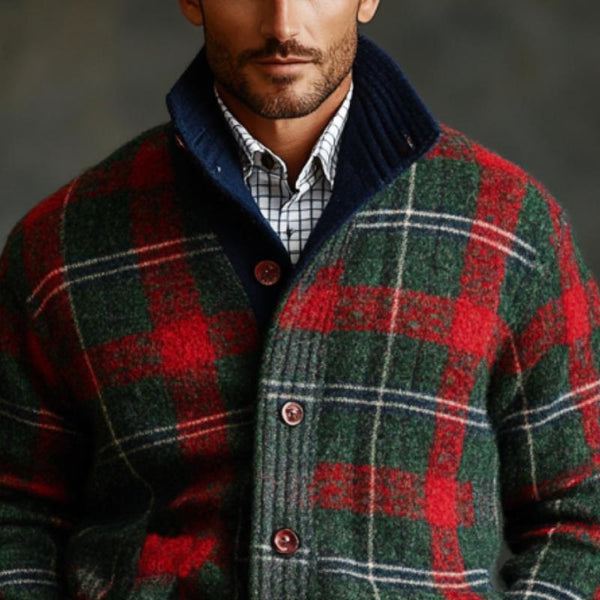 Men's Vintage Christmas Colorful Check Stand Collar Single Breasted Knit Cardigan 41423847Y