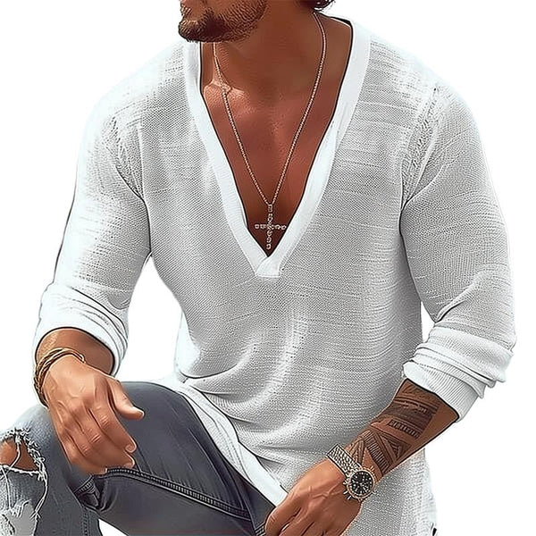 Men's Casual Cotton Linen V-neck Loose Long Sleeve T-shirt 77010446M