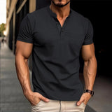 Men's Solid Waffle Henley Collar Short Sleeve Casual T-shirt 36284669Z