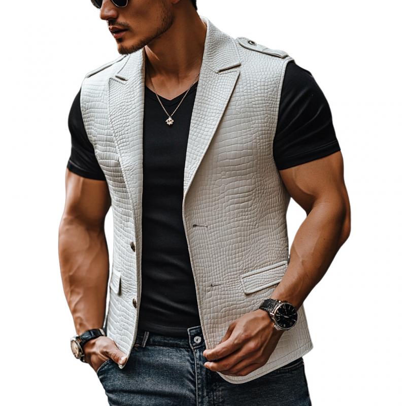 Men's Fashion Crocodile Leather Peaked Lapel Single Breasted Slim Fit Vest 84236519M