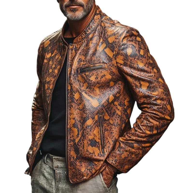 Men's Stylish Stand Collar Zippered Python Print Leather Jacket 08011777F