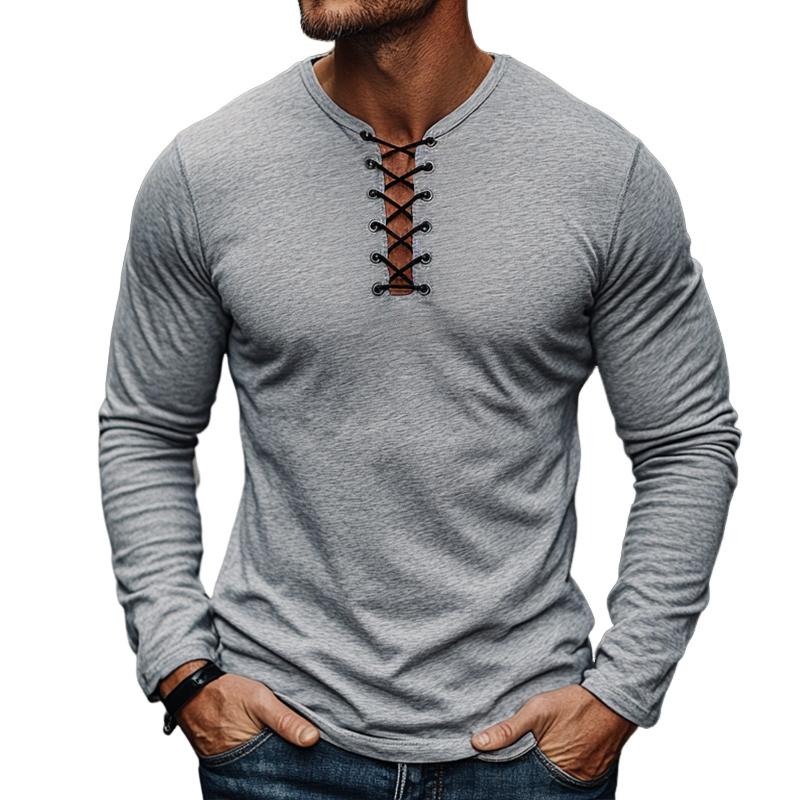 Men's Retro Casual Solid Color Lace-up Long Sleeve T-shirt 95357531TO