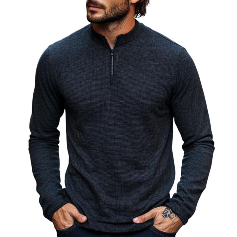 Men's Casual Waffle Stand Collar Zipper Pullover Long Sleeve T-shirt 89144085M