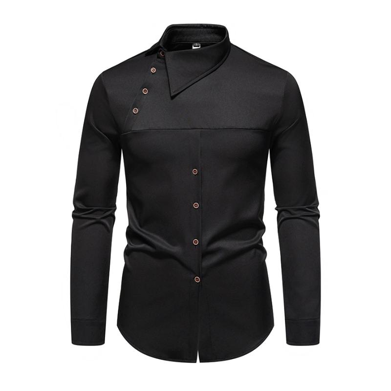 Men's Casual Lapel Slanted Placket Asymmetric Slim Fit Long Sleeve Shirt 50452395M