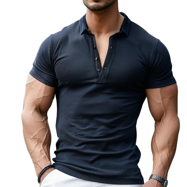 Men's Solid Button Lapel Slim Fit Short Sleeve Polo Shirt 53523594Y