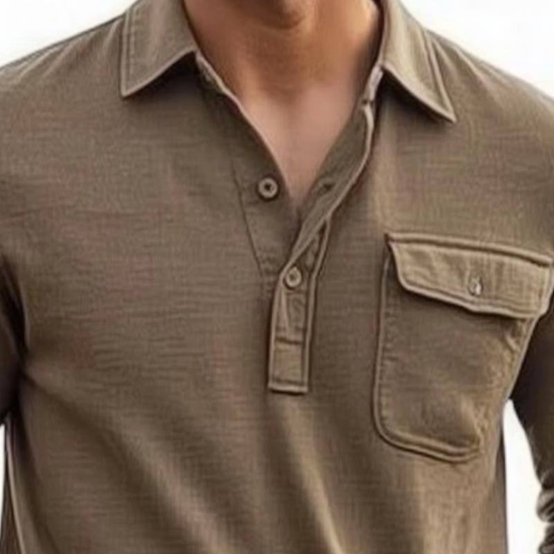 Men's Casual Cotton Blend Lapel Loose Long Sleeve Polo Shirt 04595136M