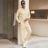 Men's Casual Jacquard Zipper Lapel Long Sleeve Polo Shirt Sports Pants Set 22827630M