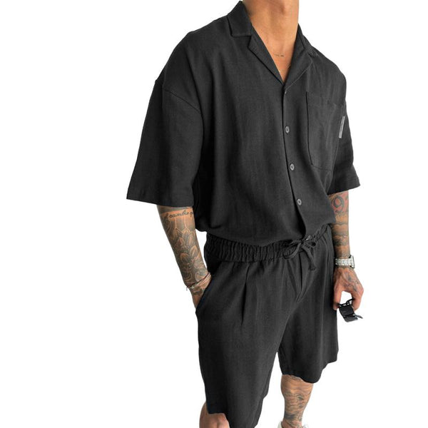 Men's Solid Color Lapel Chest Pocket Short Sleeve Shirt Shorts Set 82979969Y