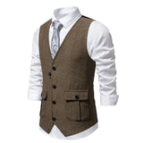 Men's Vintage Herringbone Pocket V-Neck Single Breasted Suit Vest 22210914Y