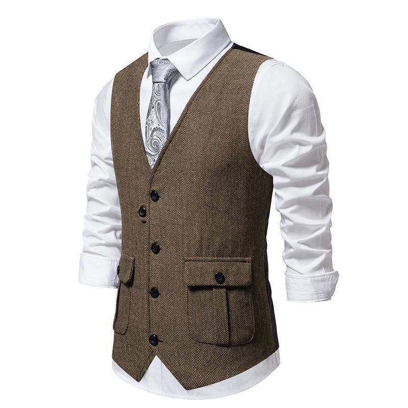 Men's Vintage Herringbone Pocket V-Neck Single Breasted Suit Vest 22210914Y