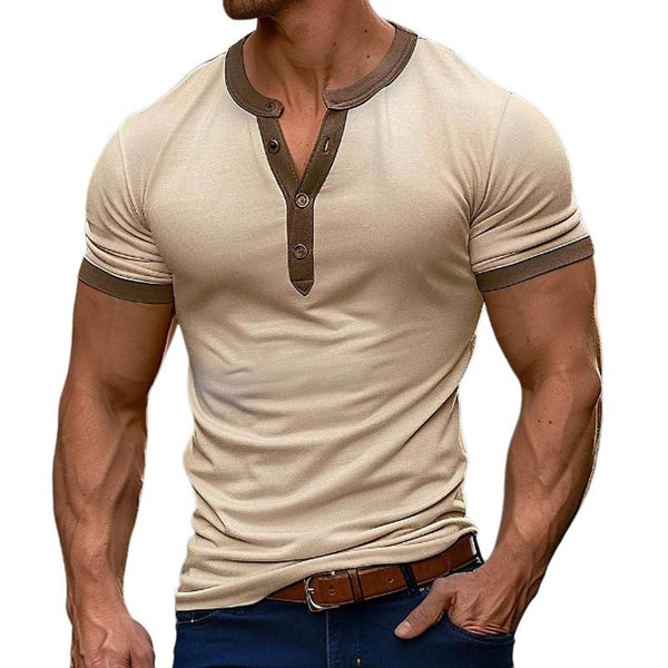 Men's Color Block Henley Neck Slim Fit Short Sleeve T-Shirt 25621327Y