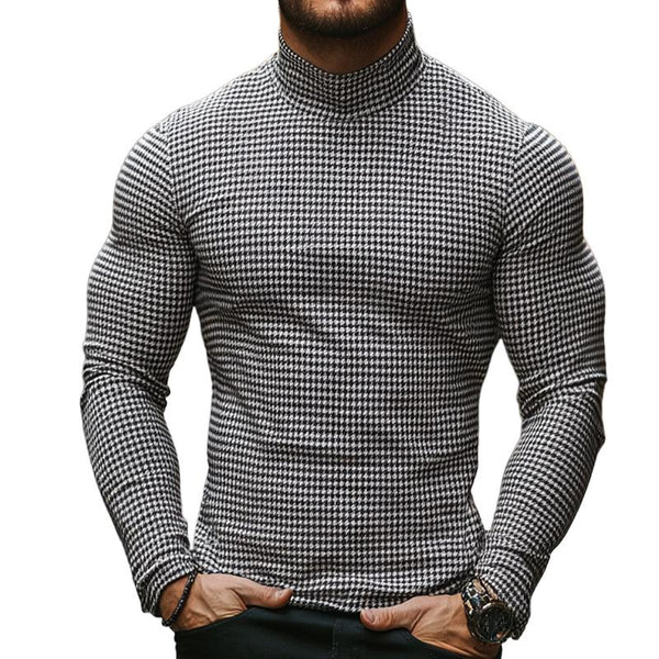 Men's Retro Casual Houndstooth Print Turtleneck Long Sleeve T-Shirt 11085960TO