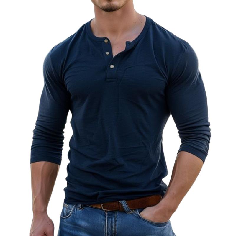 【Envío en 24 horas】Camiseta de manga larga con cuello Henley de color liso informal vintage para hombre 18691413TO