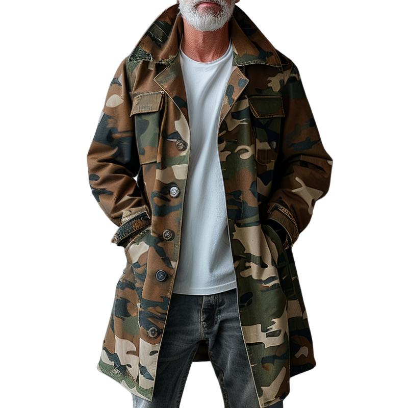 Herren Camouflage Revers Brusttasche Einreihiger mittellanger Cargo Trenchcoat 74550095Z