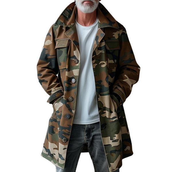Men's Camouflage Lapel Breast Pocket Single Breasted Mid-length Cargo Trench Coat 74550095Z