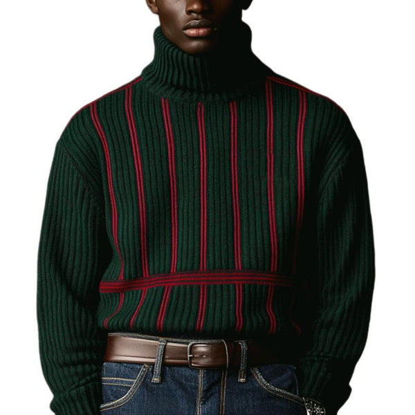 Men's Vintage Christmas Color-Blocked Vertical Striped Knitted Turtleneck Sweater 47849257Y