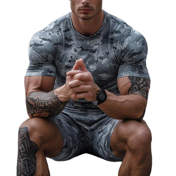 Men's Casual Camouflage Round Neck Short-sleeved T-shirt Sports Shorts Set 96754175M