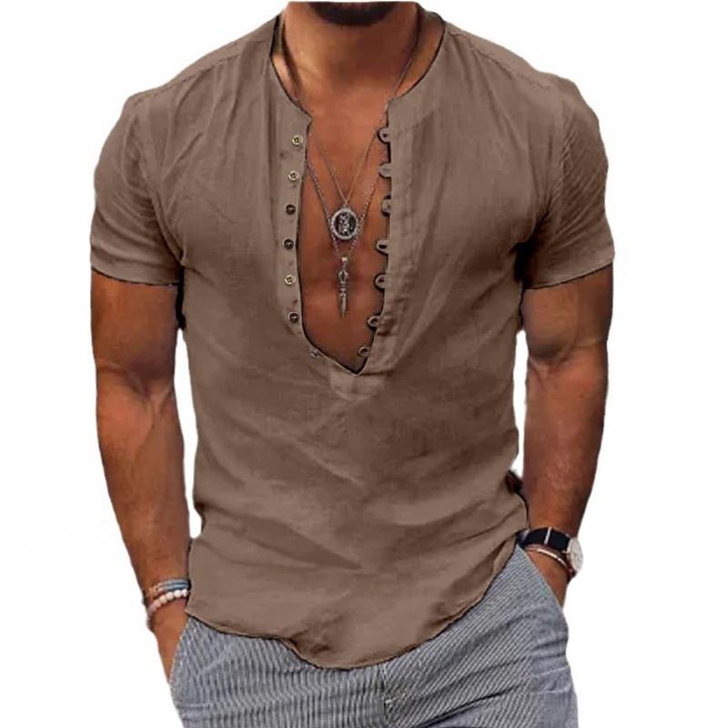 Men's Casual Solid Color Button Round Neck Short Sleeve Shirt 95053775Y