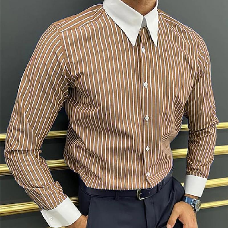 Men's Striped Colorblock Lapel Long Sleeve Casual Shirt 92383317Z