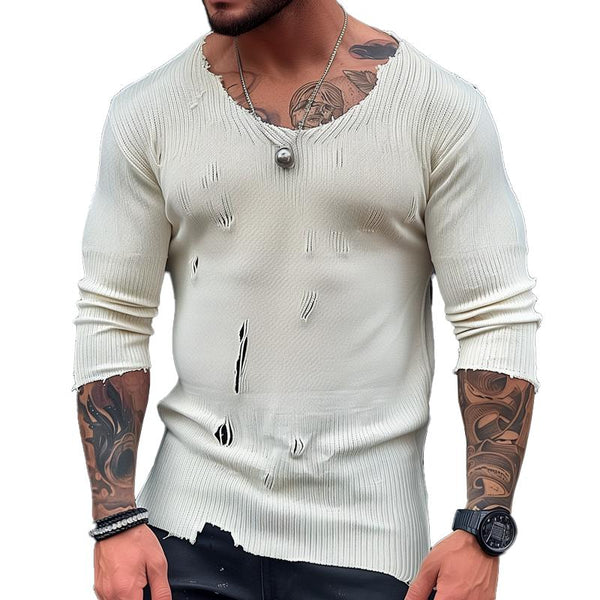 Men's Solid Color Ripped Round Neck Long Sleeve Knitted Sweater 55942993Z
