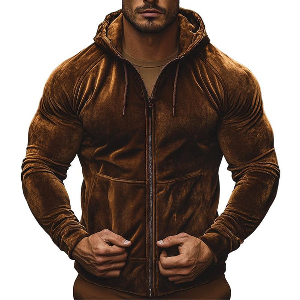 Men's Retro Casual Gold Velvet Hooded Sweatshirt Zipper Jacket 10591377TO