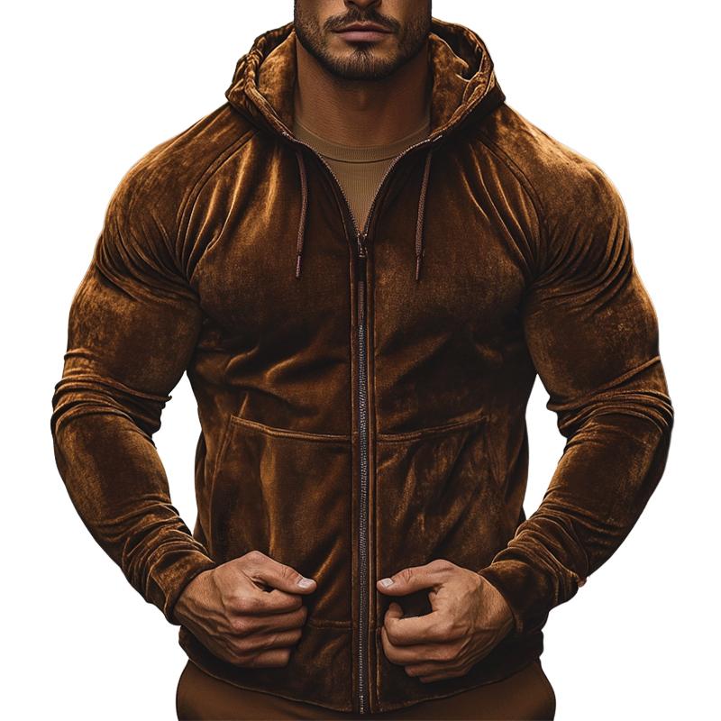 Men's Retro Casual Gold Velvet Hooded Sweatshirt Zipper Jacket 10591377TO