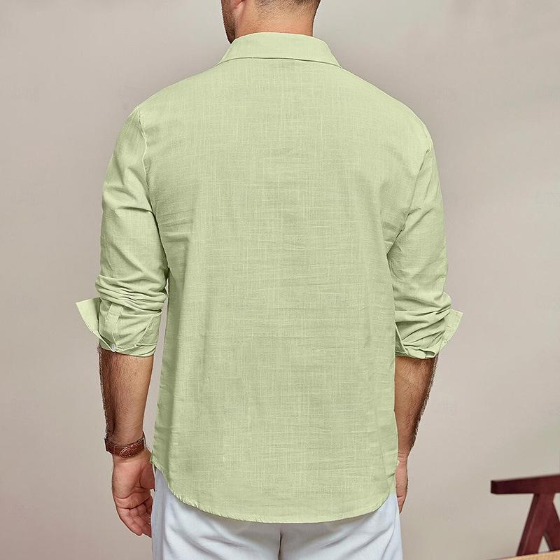 Men's Casual Cotton Linen Lapel Pullover Long Sleeve Shirt 82857030M