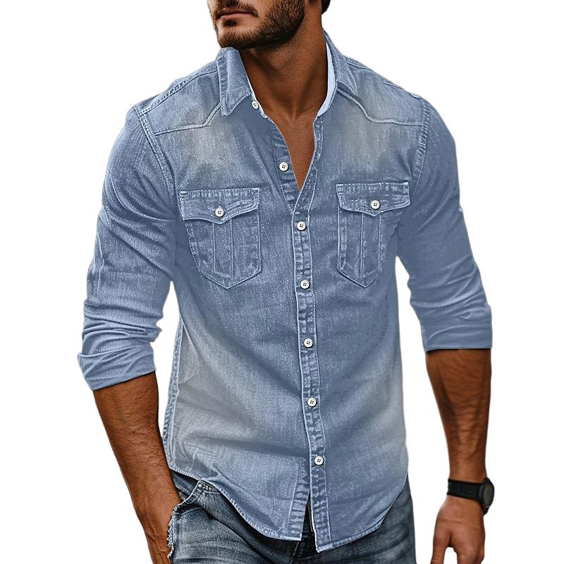 Herren Vintage Washed Distressed Denim Revers Hemd 89638435X