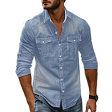 Men's Vintage Washed Distressed Denim Lapel Shirt 89638435X