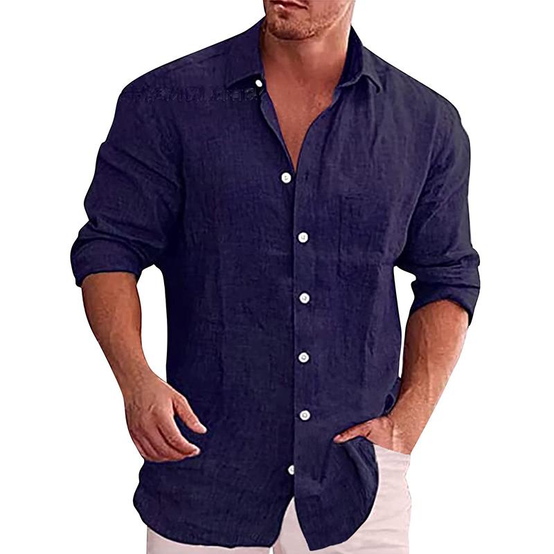 Camisa informal de lino de manga larga con solapa lisa y botonadura sencilla para hombre 16898700Z