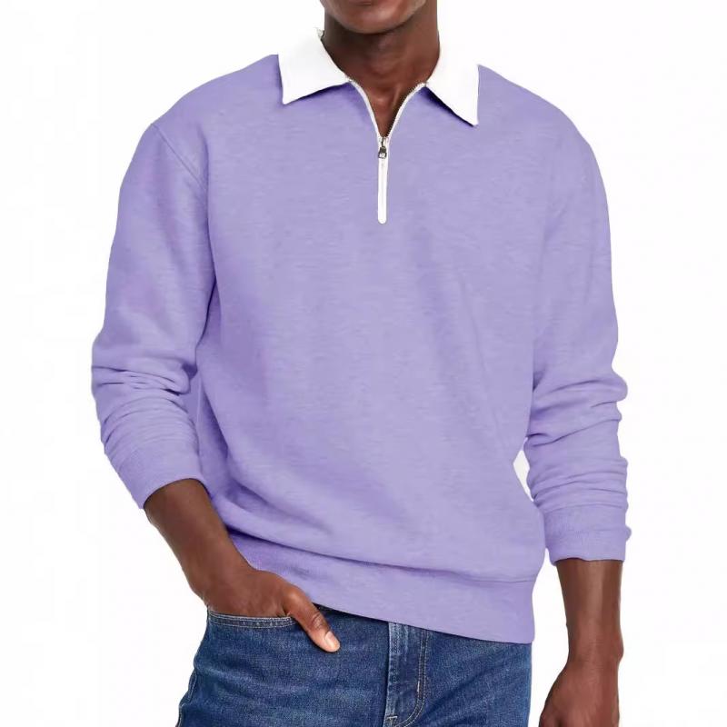 Men's Casual Half Zip Contrast Color Lapel Loose Long Sleeve Polo Shirt 93098285M