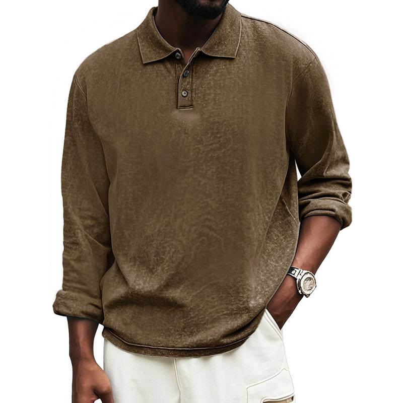 Men's Solid Color Loose Lapel Long Sleeve Polo Shirt 86065007Z