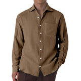 Men's Casual Cotton Linen Pleated Lapel Patch Pocket Slim Fit Long Sleeve Shirt 86231655M