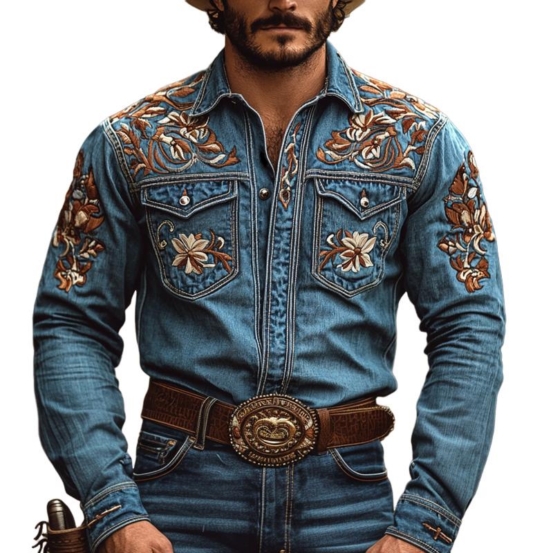 Men's Western Cowboy Style Embroidered Lapel Chest Pocket Long Sleeve Denim Shirt 00380923Z