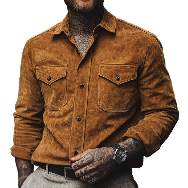 Men's Vintage Suede Lapel Long Sleeve Shirt 92732866F