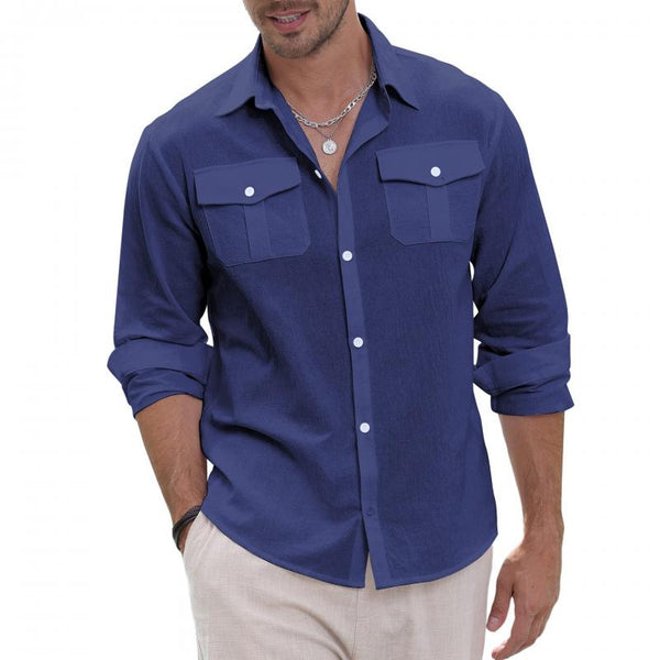 Men's Casual Linen Lapel Flap Pocket Loose Long Sleeve Shirt 98386772M