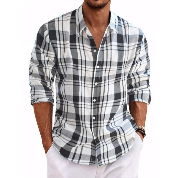 Men's Casual Plaid Lapel Slim Fit Long Sleeve Shirt 55078194M