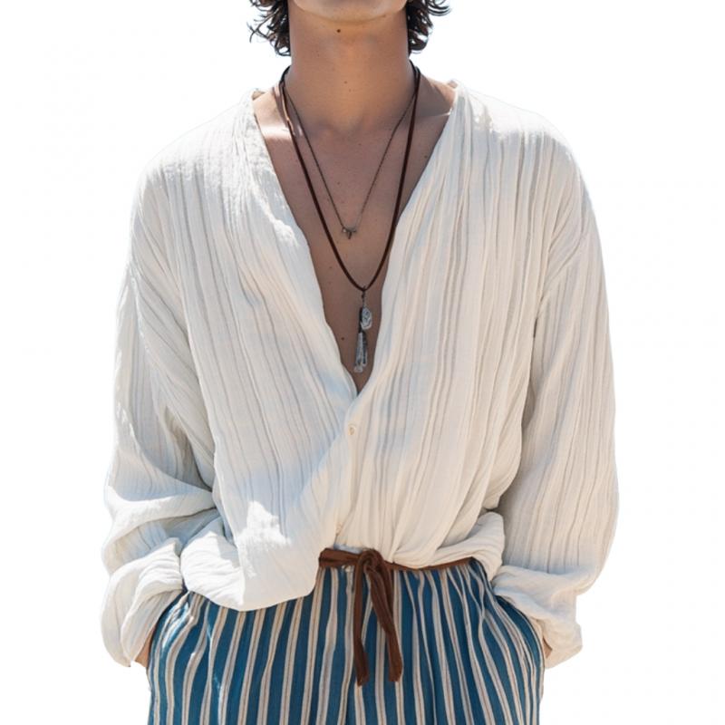 Men's Casual Striped V-neck Loose Long-sleeved Shirt 36902469M