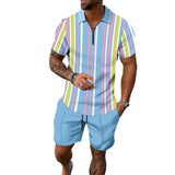 Men's Striped Print Short Sleeve Polo Shirt and Shorts Set 68148622Y