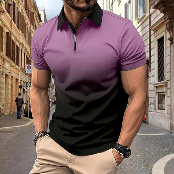 Men's Casual Gradient Print Zip Short Sleeve Polo Shirt 29425710M