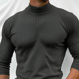 Men's Solid Color Striped Short High Collar Long Sleeve Casual T-shirt 02529438Z