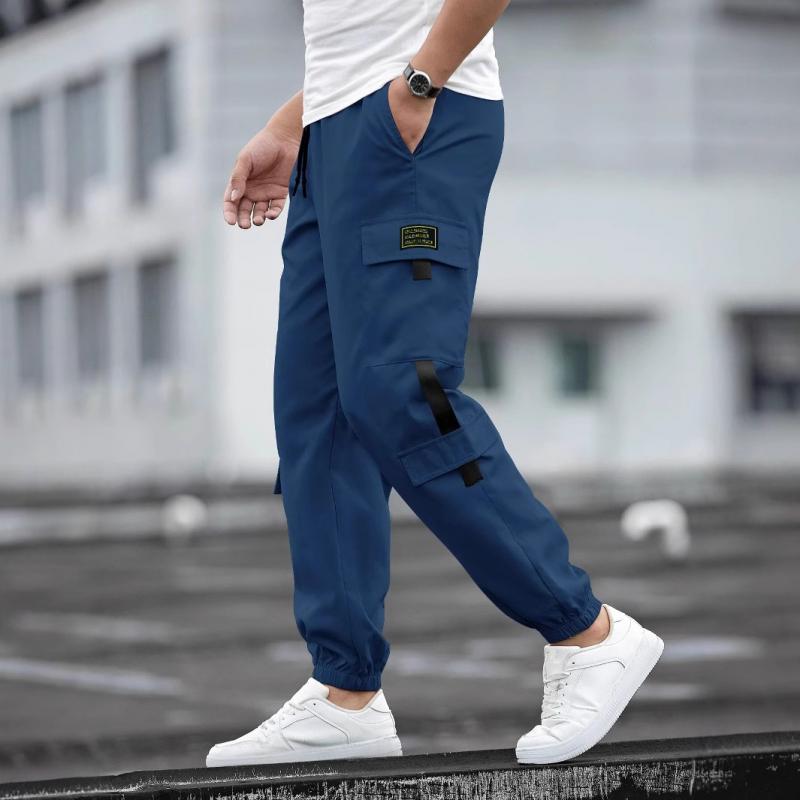 Men's Solid Color Elastic Waist Multi-pocket Cargo Pants 58053761Z