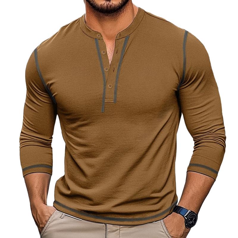 Men's Retro Contrast Color Button Crew Neck Slim FitLong Sleeve T-Shirt 01368832Y