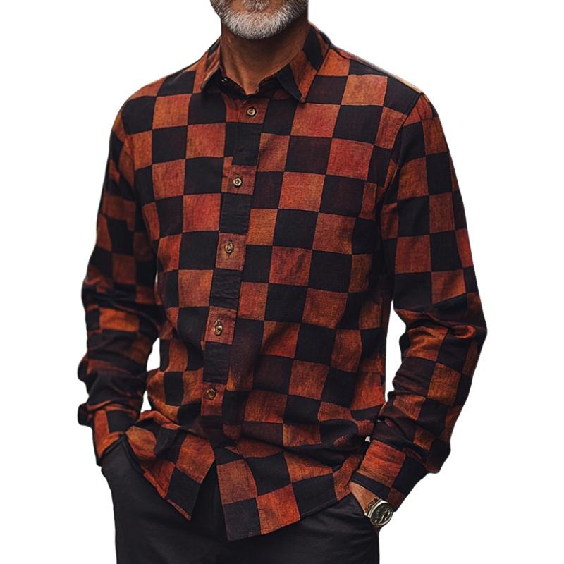 Men's Vintage Brick Red Checkerboard Lapel Long Sleeve Shirt 78702300F