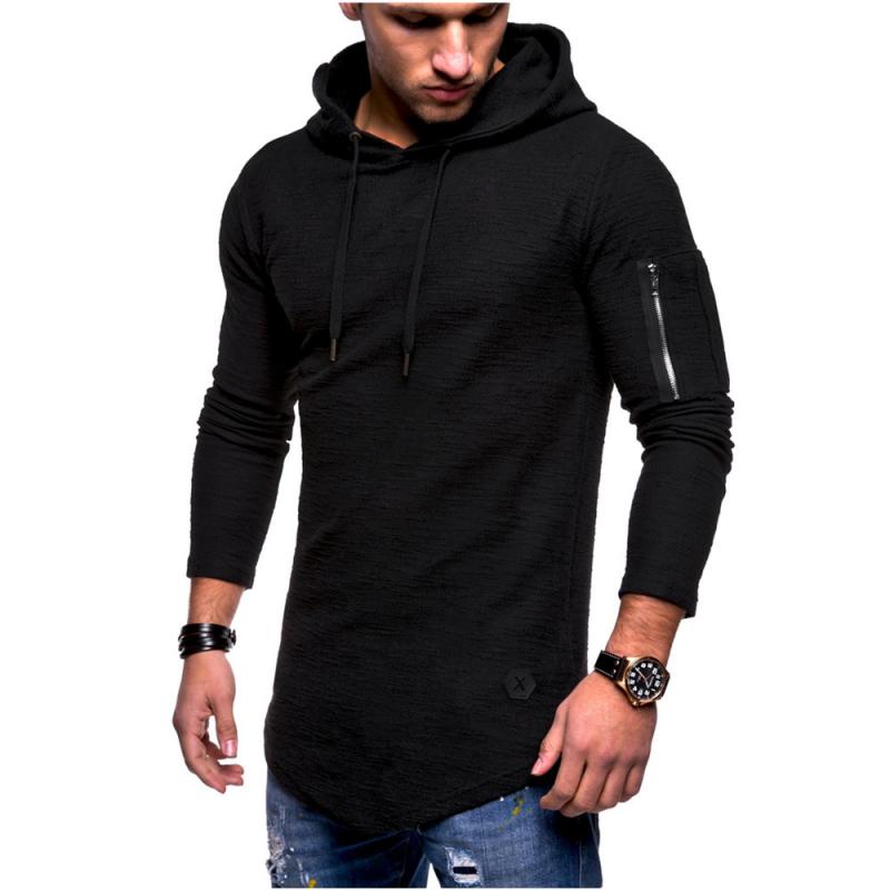 Men's Classic Casual Arm Zipper Solid Color Crew Neck Hooded Long Sleeve T-Shirt 86433370K