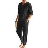 Men's V Neck Long Sleeve Pullover Shirt Trousers Cotton Linen Casual Set 05514955Z